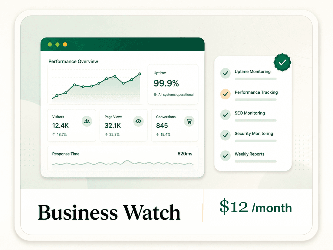 Business Watch monthly report preview for performance, mobile, and trust checks.