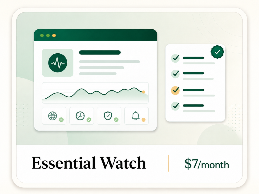 Essential Watch monitoring preview for availability, SSL, and links.